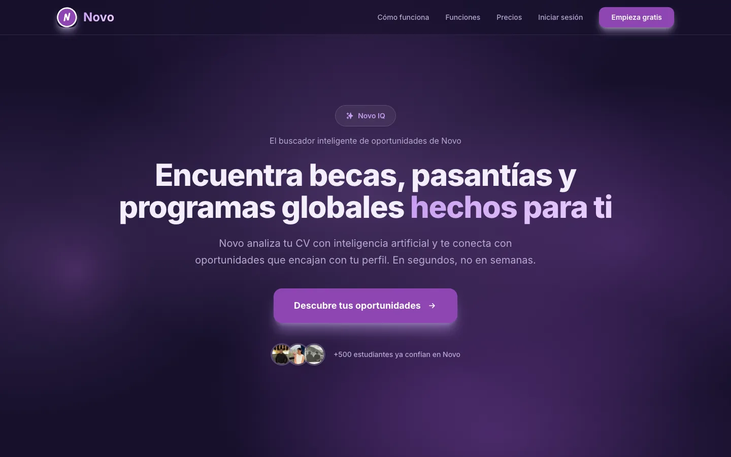La página de Novo anunciando su buscador inteligente de oportunidades